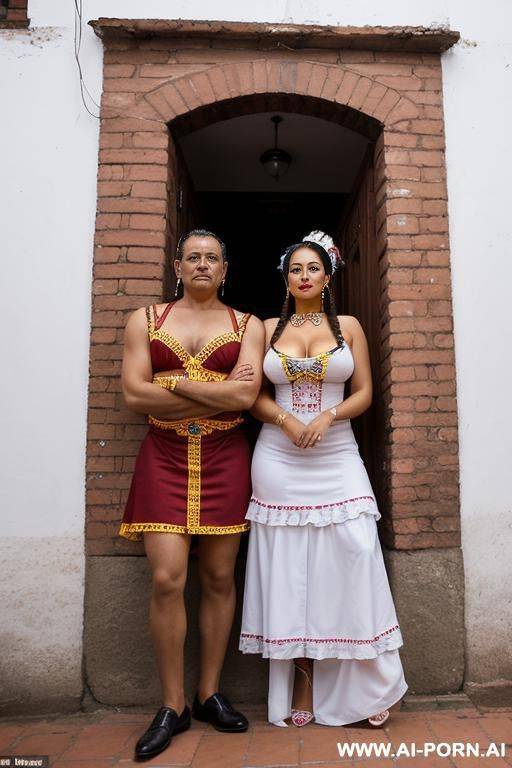 two people, a woman and a man, stand against a red brick wall, porn photo - #main