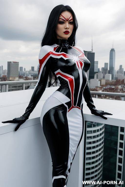beutifull and fit women in black and white (mostly white) super-hero dress inspired by spider. on dress are red lines that looks like spider-web. wide hips. she is on skyscr rooftop. - #main