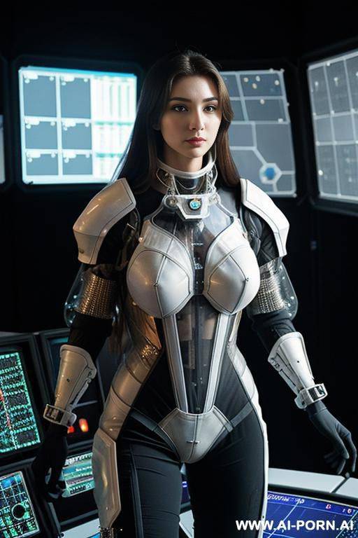 (serious woman) (transparent armored spacesuit) (spaceship control center) (group of women crew in background) - #main