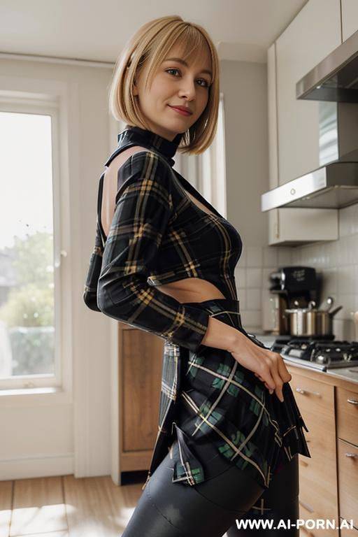 (woman looking back at viewer over her shoulder), round face, square jawline, soft inviting smile, alluring eye contact, in leggings - #main