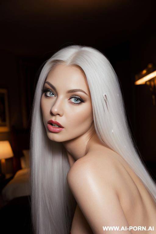 (masterpiece), best quality, expressive eyes, perfect face. sexy woman with long white flowing hair with big red eyes with long lashes, skin nude. bent over, looking back, seductive expression. finger in mouth. night time romantic lighting. - #main