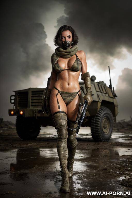 at nigth , apocalyptic city , cloudy sky fog battle city , atomic bomb explosions landscape , horizont looking , walking sexy pose , mud-stained body , camouflage thong , topless huge tits - #main