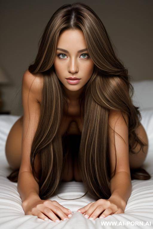 a beautiful naked woman with very long brown hair with blonde highlights, a light tan complexion, facing away showing ass - #main