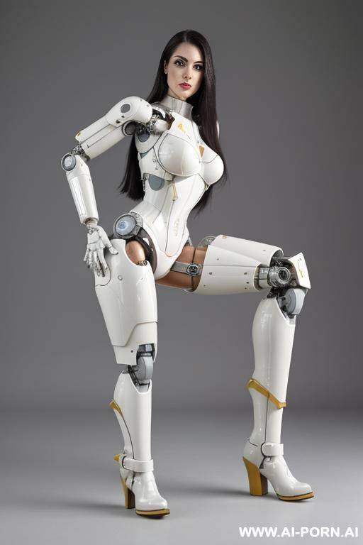 beautiful realistic taur-women cyborg robot, detaleid face, latex skin white color, covered to latex, and robotic boots, hd image quality. - #main