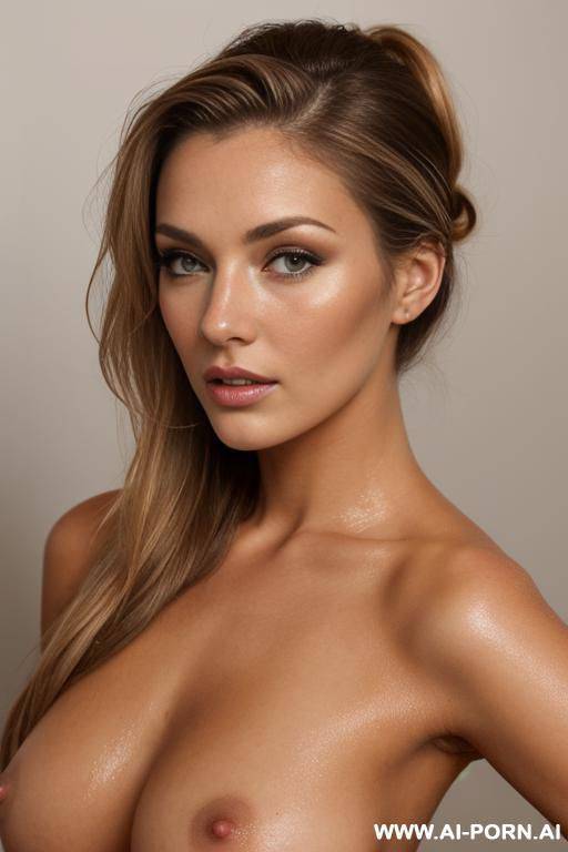 a beautiful naked woman with brown hair with blonde highlights, hair is tied back , looking directly at viewer, full breasts - #main