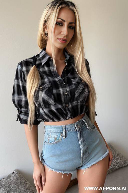 blonde arabian style woman 0 years old, standing with her beautiful long slender legs spread wide apart, hair in a ponytail, checkered shirt completely unbuttoned, denim shorts tightly hugging her - #main