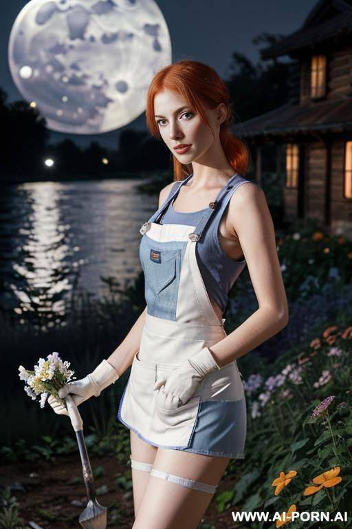 (((( flowers of various colours all around her )))) ((( jeans shorts and sleeveless t-shirt))) (((( white skin)))) (((ginger hair))) ((((jeans apron with gardening tools)))) ((gloves)) ((lake)) (((( - #main