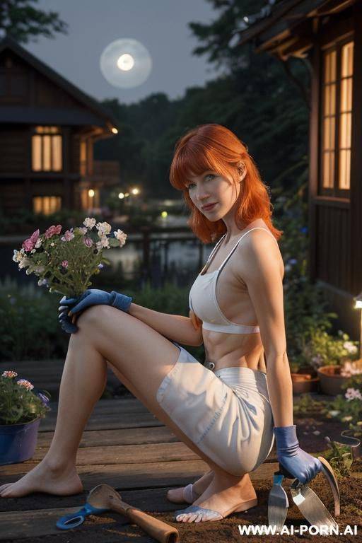 (((( flowers of various colours all around her )))) (((( no clothes besides a tight sports bra and a jeans apron with gardening tools)))) (((( white skin)))) (((ginger hair))) ((((jeans apron - #main