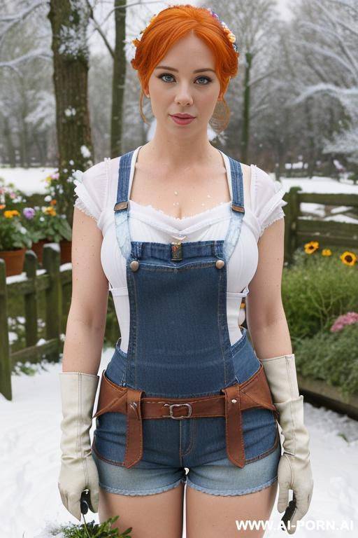 (((( flowers of various colours all around her )))) ((( jeans shorts and jeans bra ))) (((( white skin)))) (((ginger hair))) ((jeans apron with gardening tools)) ((((fingerless gloves)))) (( pond)) ((((snowy day)))) - #main