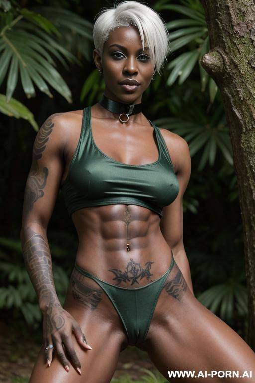 a naked dark-skinned muscular woman with short white hair, sprayed with white liquid in a collar, lies in tears with a lost look in full growth, toples, piercing nipples, black lipstick - #main