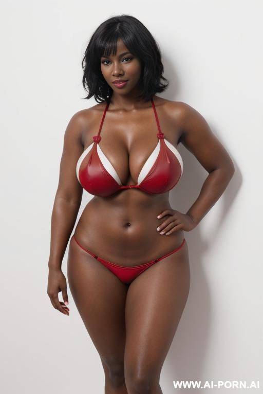 1woman，gigantic breasts，red bikini，black skin，standing，white background - #main