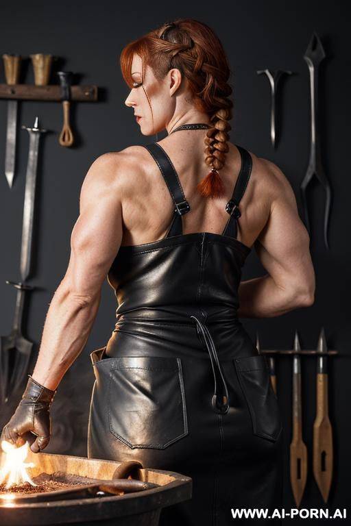((heavy black goth make-up)) ((ginger hair)) (((blacksmith workshop))) ((camera view from behind)) ((((wearing nog but a pair of boots, a pair of gloves and a black leather apron with blacksmith - #main