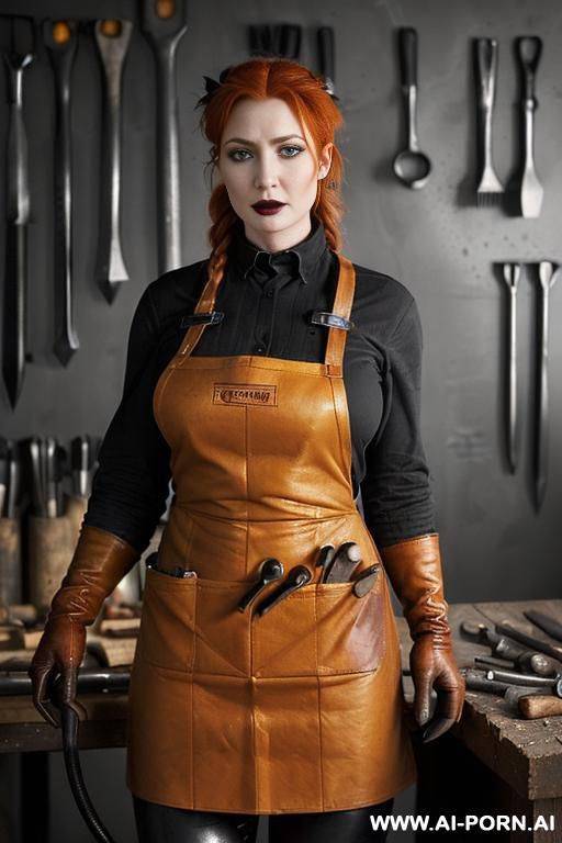 ((((heavy black goth make-up)))) ((ginger hair in a long braid)) (((blacksmith workshop))) ((((wearing a long sleeved black shirt, a pair of leather boots, a pair of leather gloves and a black - #main