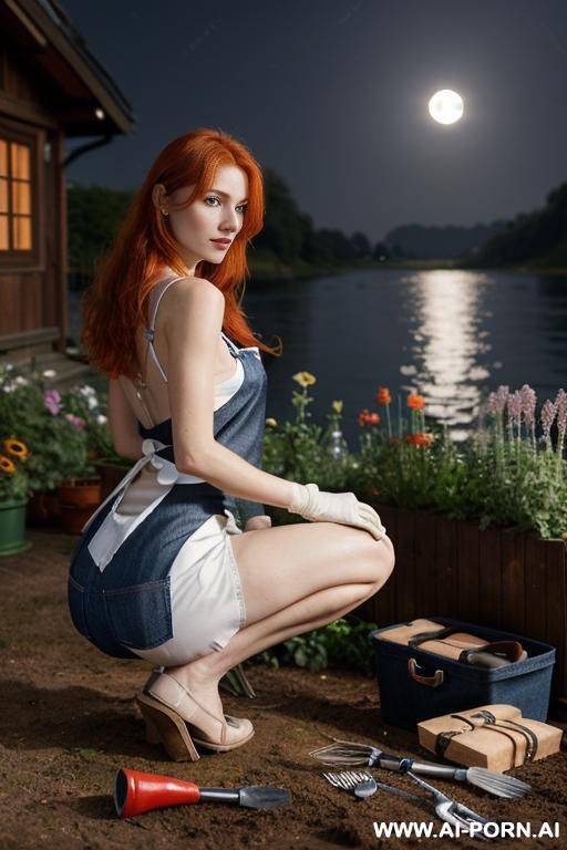 (((( flowers of various colours all around her )))) (((( no clothes besides a jeans apron with gardening tools)))) (((( white skin)))) (((ginger hair))) ((((jeans apron with gardening tools)))) - #main