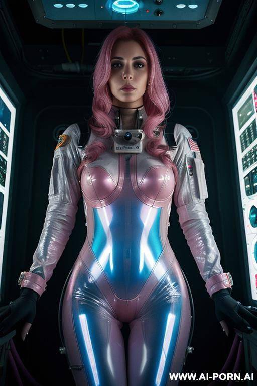 (serious woman) (transparent spacesuit) (spaceship control center) (working on hologram display) (group of women crew in background) - #main