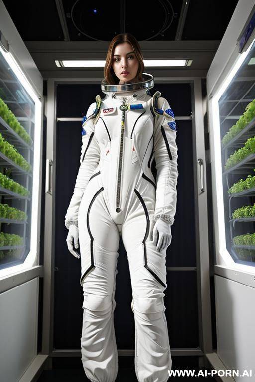 (serious woman scientist) (transparent unzipped spacesuit) (spaceship hydroponics bay) (group of women crew in background) - #main