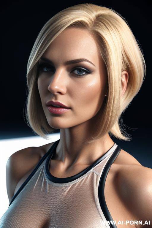 half body portrait of a beautiful athletic woman, standing. blonde bob. business make-up. different minds. dynamic angle, 3d, highly details, photographic, realistic, uhd - #main
