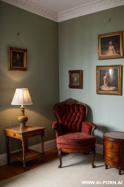 bright room with antique furniture. on the walls hang paintings with completely naked women of 30 years in different poses. in the center of the room stands an antique round chair. completely - #main