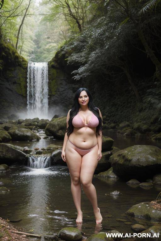 chubby woman, full body, standing, long black hair, wearing pink bikini, waterfall in the forest - #main