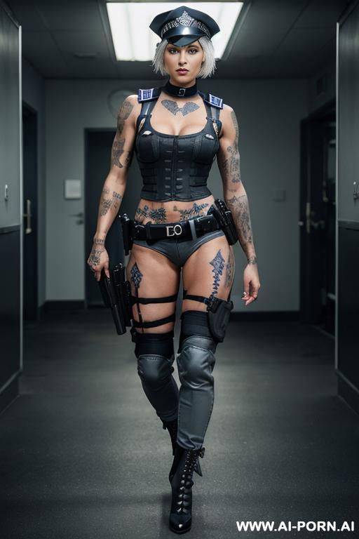 a naked dark-skinned muscular woman with short white hair, sprayed with white liquid in a collar, lies in tears with a lost look in full growth, toples, piercing nipples, black lipstick - #main