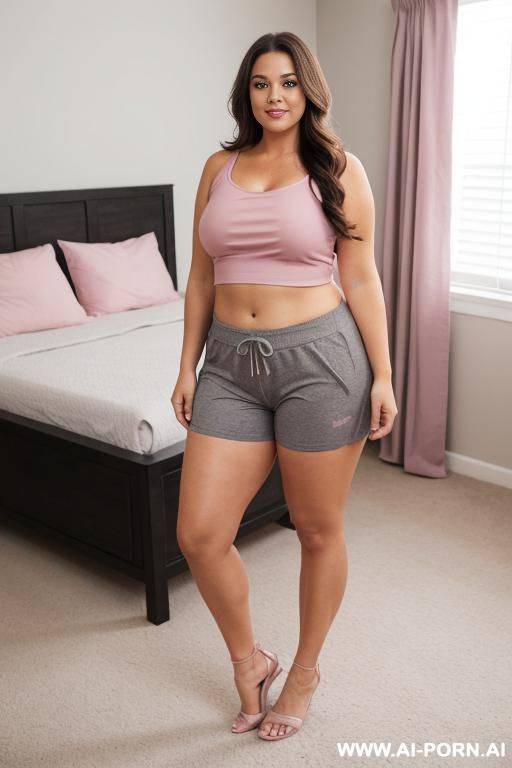 chubby woman, full body, standing, long brown hair, wearing gray yoga shorts and pink top, double bedroom in front of drobe - #main