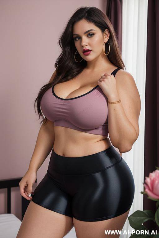 chubby woman, full body, long brown hair, wearing blue gym leggings shorts and pink top, double bedroom in front of drobe, (wide dark lips) pouting, slender legs, eye contact, bangles, hoop earrings, slutty - #main