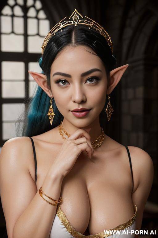 (((realistic look, ultra-realistic))) ((frontal view)) ((gorgeous elf woman)) (((sexy beautiful elf))) ((perfect beautiful face)) ((sexy beautiful plump lips)) ((elf ears)) ((blue hair)) (((long ponytail - #main