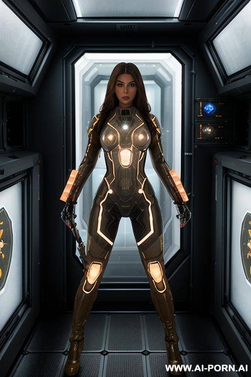 (tanned woman soldier) (transparent combat suit) (spaceship reactor room) (standing guard) (weapon on back) - #main