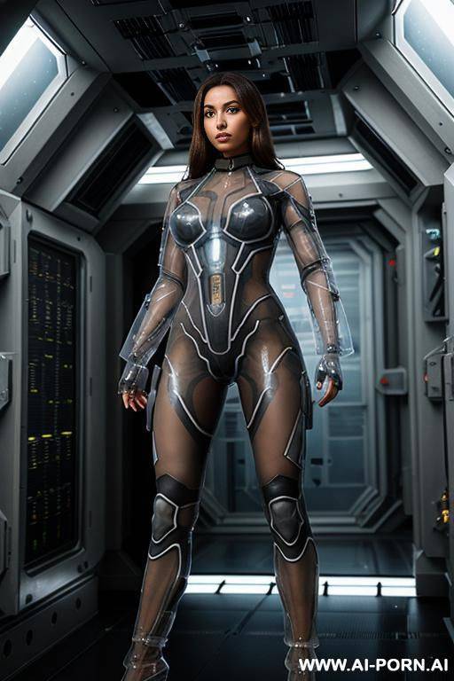 (tanned woman soldier) (transparent combat suit) (spaceship reactor room) (standing guard) (rifle) - #main