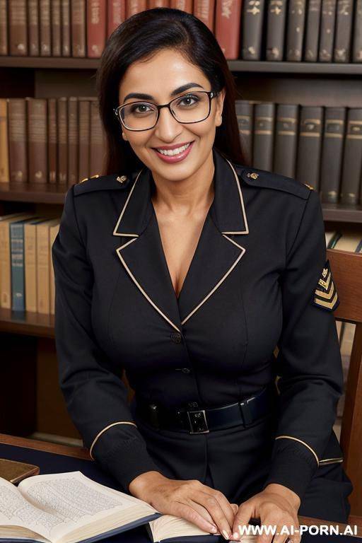 (tanned nerdy pakistani mature woman) (class uniform) (sitting at library table full of books) (grinning) (nip slip) - #main