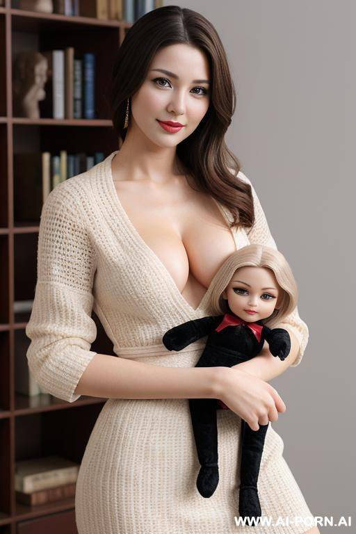 woman holding doll that has woman realistic humanoid face in her right hand by the waist with one hand - #main