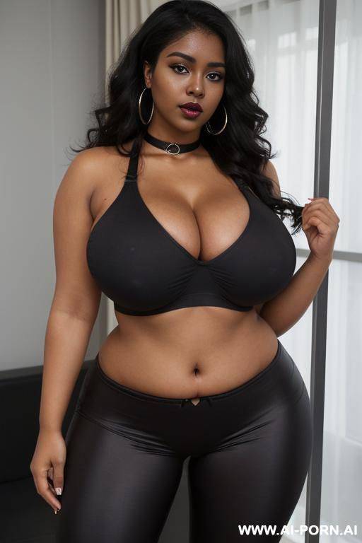 chubby woman, full body, long fluffy curly hair, wearing light blur gym leggings shorts and top, double bedroom in front of drobe, ((wide dark lips)) pouting, slender legs, eye contact, bangles, - #main