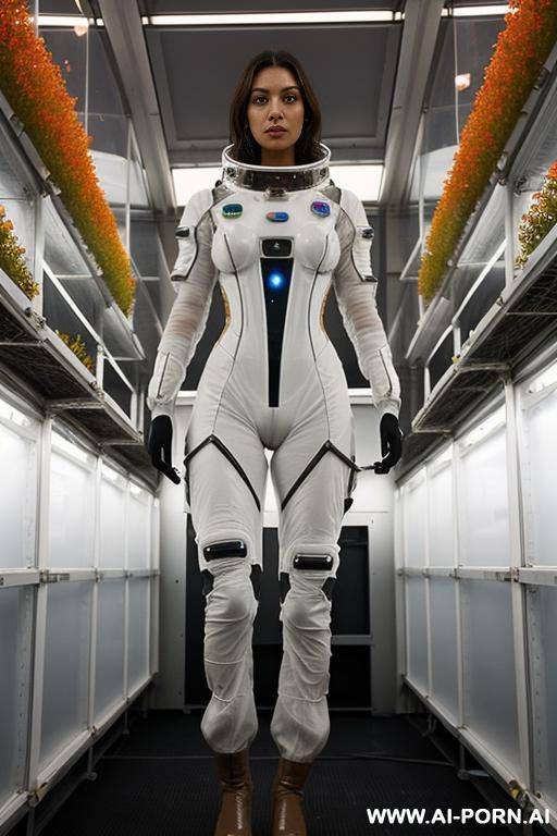 (serious tanned woman scientist) (transparent spacesuit) (spaceship hydroponics bay) (group of women crew in background) - #main