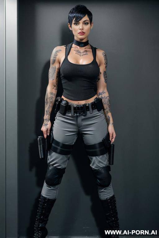 a naked dark-skinned muscular woman with short white hair, sprayed with white liquid in a collar, lies in tears with a lost look in full growth, toples, piercing nipples, black lipstick - #main
