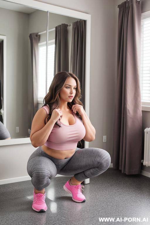 chubby woman, full body, squatting, long brown hair, wearing gray gym leggings shorts and pink top, double bedroom in front of drobe - #main
