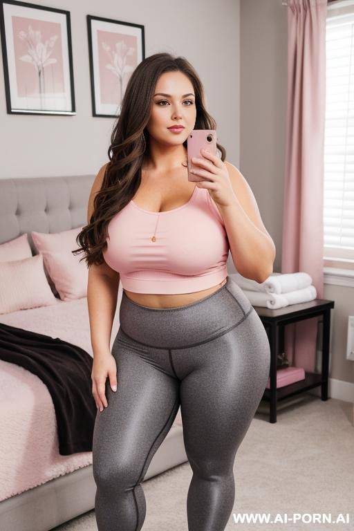chubby woman, full body, standing, long brown hair, wearing gray gym leggings shorts and pink top, double bedroom in front of drobe - #main