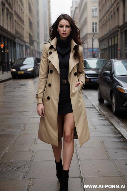 trench coat, two women, nakes, city street, windy weather - #main