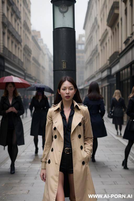 trench coat, two women, nakeds, city street, windy weather - #main
