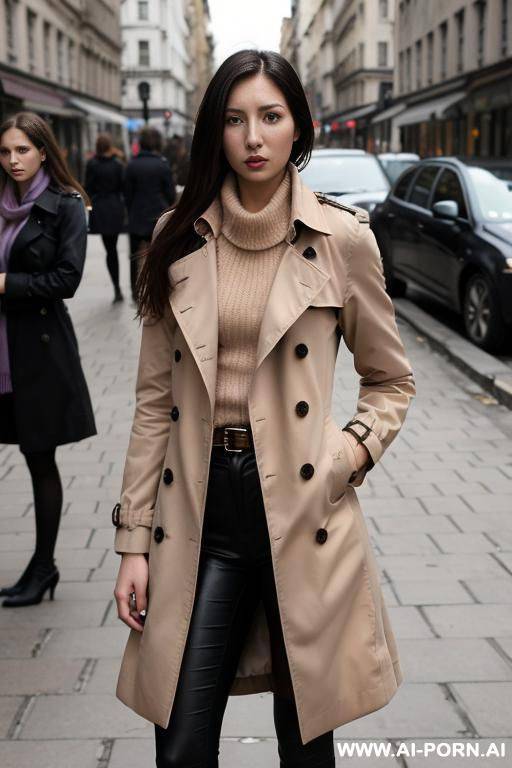 trench coat, two women, nudes, city street, windy weather - #main