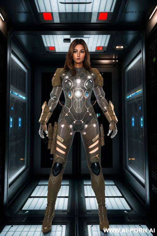 (tanned woman soldier) (transparent combat suit) (spaceship reactor room) (standing guard) (rifle) - #main