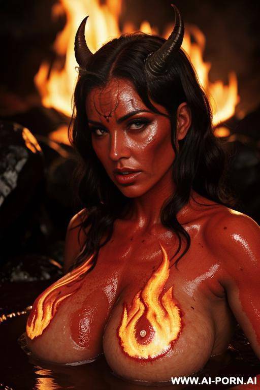 hot sexy demon, demonic, horns, ((red skin)), glowing eyes, perfect body, perfect boobs, big lips, plump lips, oversized lips, surrounded by fire, lava bath, magma bath, bright fire background, fire tattoos - #main