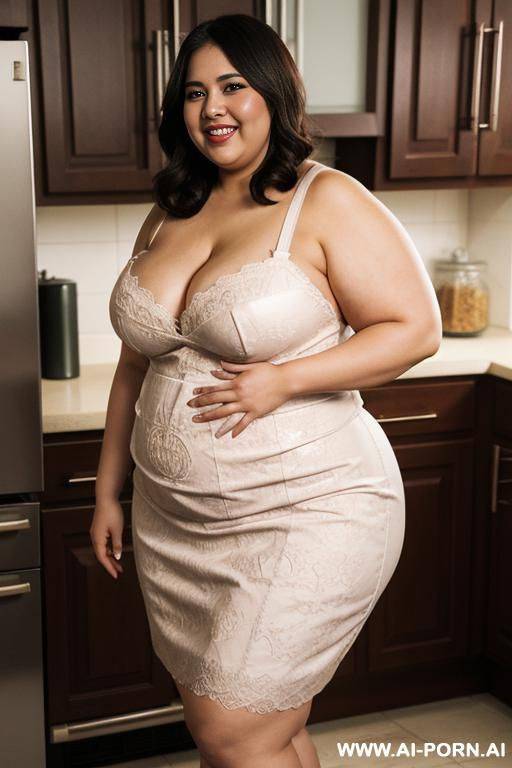 mexican, supermodel, wide hips, rotund, very fat, hourglass shaped, pushing vacuum, apron, fated up - #main