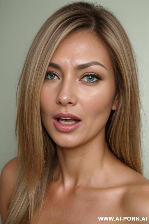 hotwife, milf, 0yo, face closeup, head closeup, closeup, only face is visible, amateur, dark blonde hair with brighter blonde streaks, shoulder-long hair, green eyes, natural nose, tanned, eurasian, open mouth, orgasm face expression - #main