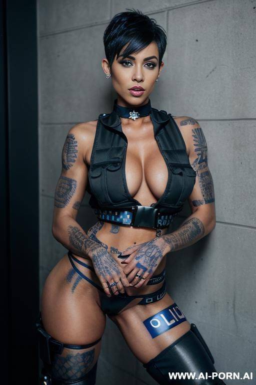 a naked dark-skinned muscular woman with short white hair, sprayed with white liquid in a collar, lies in tears with a lost look in full growth, toples, piercing nipples, black lipstick - #main