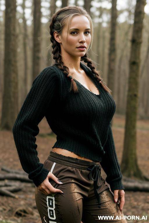 messy braid -large d-cup breasts - hiking pants, torn black sweater over black soccer jersey dirty, covered in mud - #main