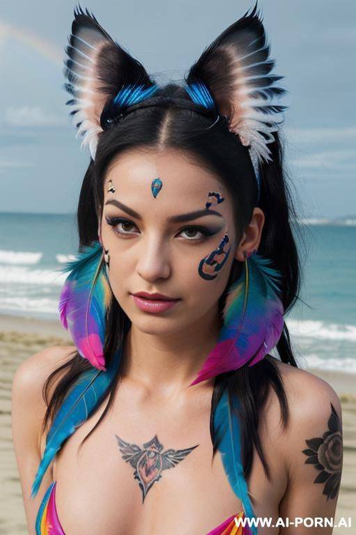face, sexy, beautiful, ((face painting)), ((bikini as seashell)), ((tattoo roses)), ((eyes shw)), ((angel wings)), ((rainbow hair)), ((long bu hair)), ((wind)), (( cat face)), (( cat ears)), (((feather - #main