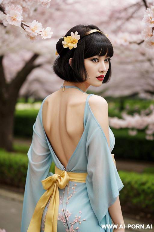 short black hair, a yellow kimono with floral embroidery and a red sash, expression and is looking directly. her hair is styled in a bob cut with bangs, and she has brown eyes. she is - #main
