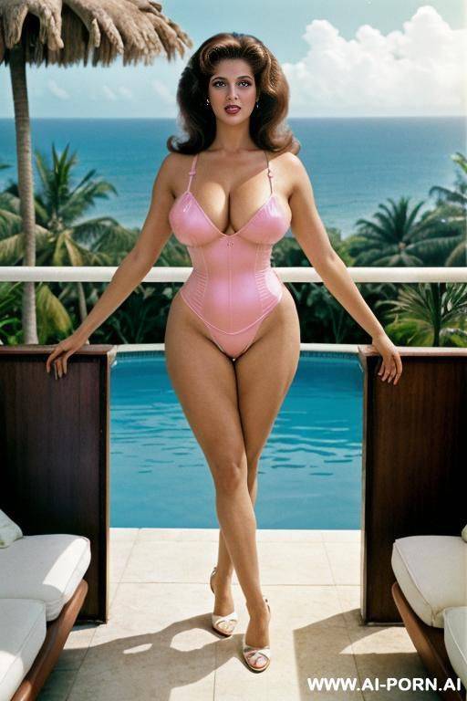 (beautiful white skin), (beautiful face), (beautiful eyes and lips), ((standing there and hand supported grey sofa by coconut tree in hillside swimming pool)), ((enormous oversize low hanging saggy & - #main