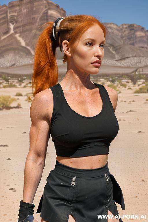 ((((hiker woman)))) ((((she has white skin)))) ((((high ponytail)))) ((((ginger hair)))) ((((really big bulky muscles)))) ((((she is hiking in the desert)))) ((((she is wearing only black tank tops and black skirts)))) - #main