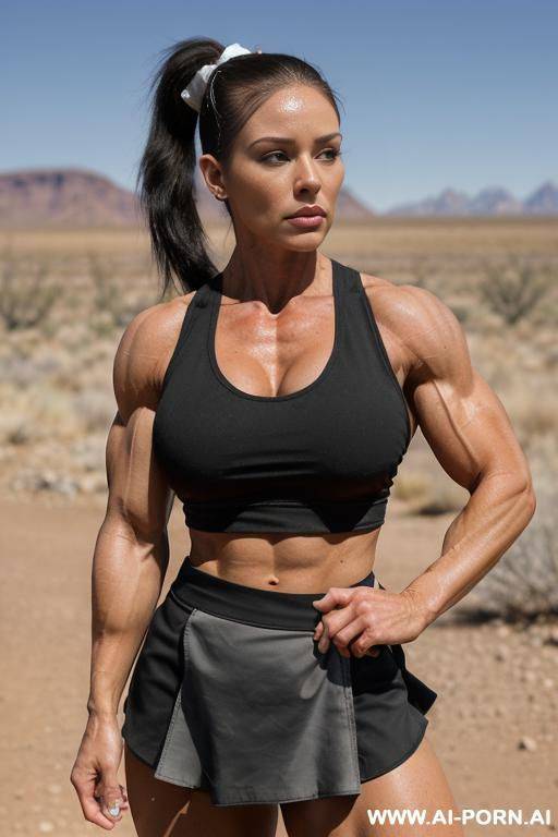((((hiker woman)))) ((((she has white skin)))) ((((high ponytail)))) ((((black hair)))) ((((really big bulky muscles)))) ((((she is hiking in the desert)))) ((((she is wearing only black tank tops and black skirts)))) ((((far camera shot)))) - #main